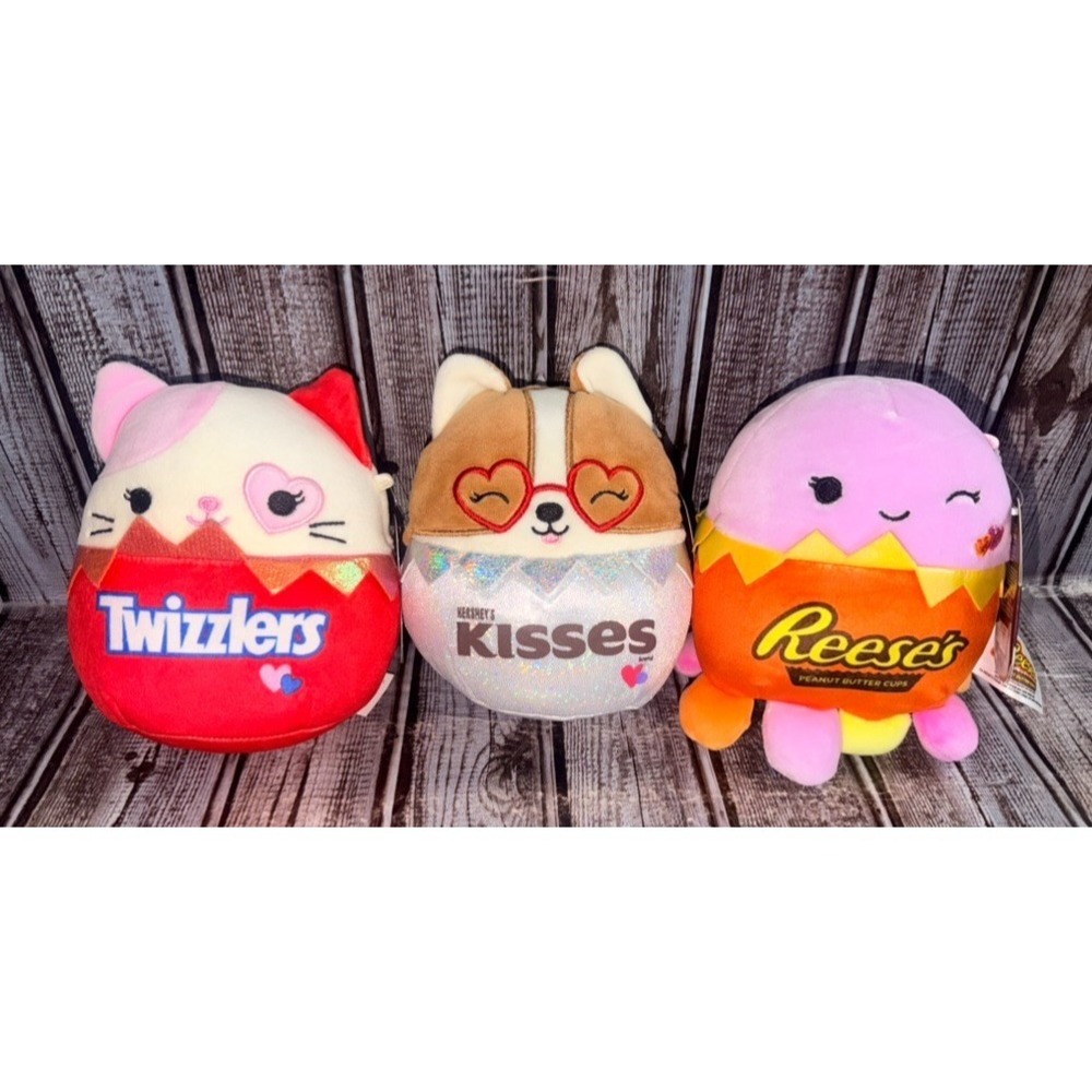 Lot of 3 Squishmallows Hershey Twizzlers Kisses Reese's Plush Stuffed Animal Toy